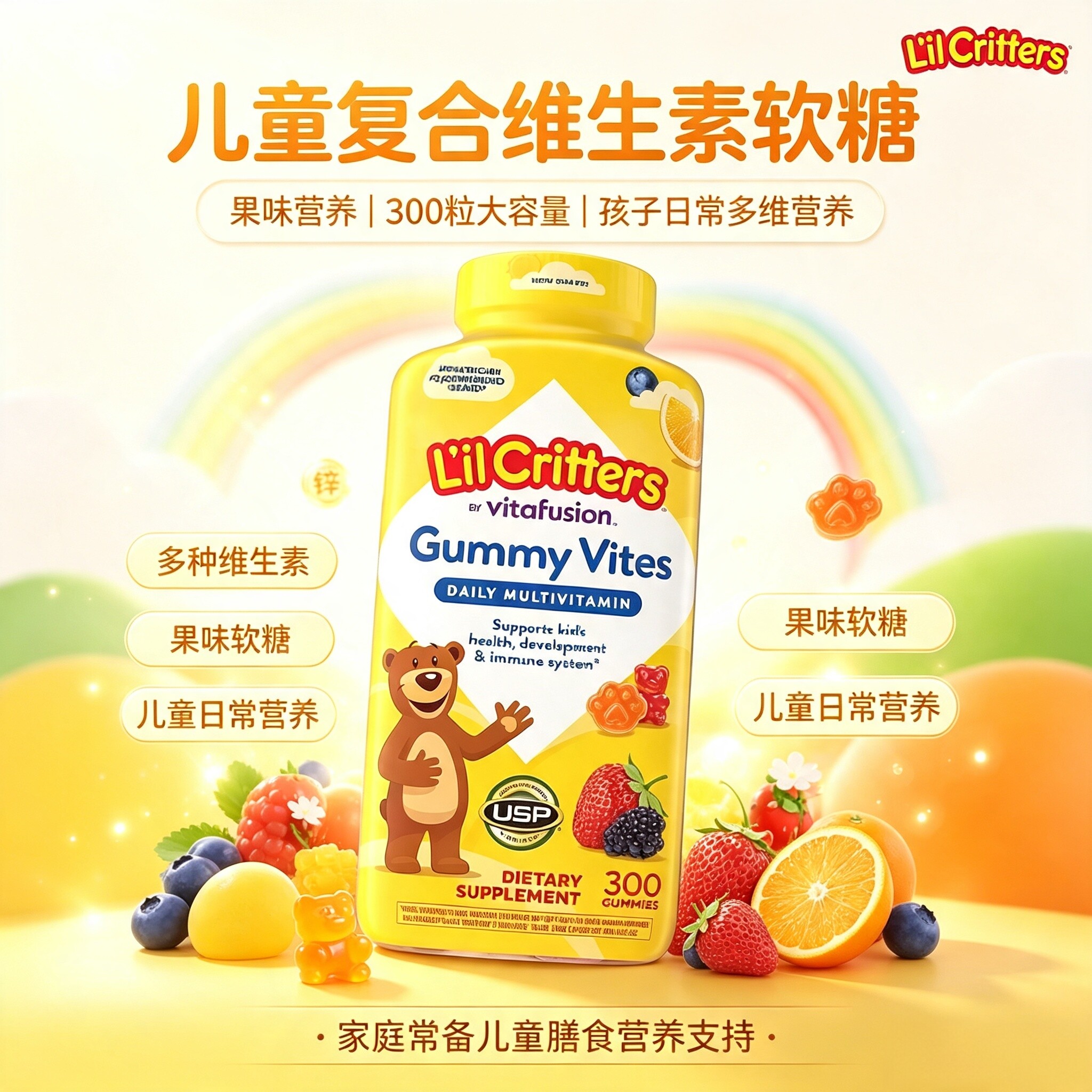 L'il Critters小熊糖儿童复合维生素软糖300粒儿童果味复合维生素