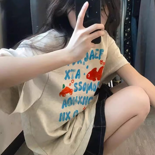 2025新款纯棉正肩短袖t恤女宽松oversize设计感印花美式半袖上衣