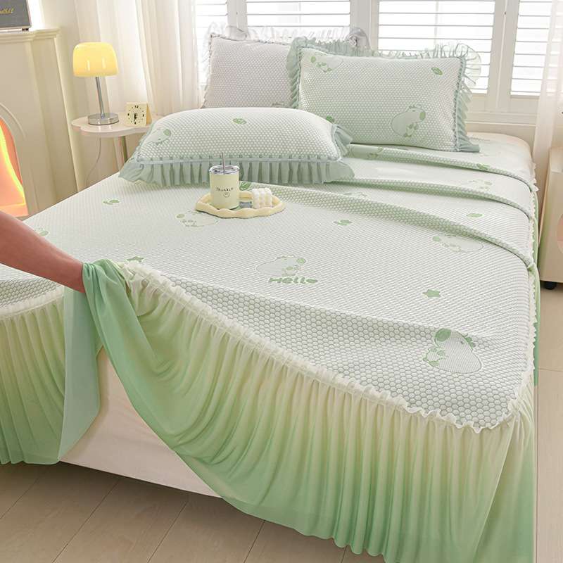 母婴级小清新可机洗冰豆豆软凉席三件套床笠床席床裙款夏款单凉席