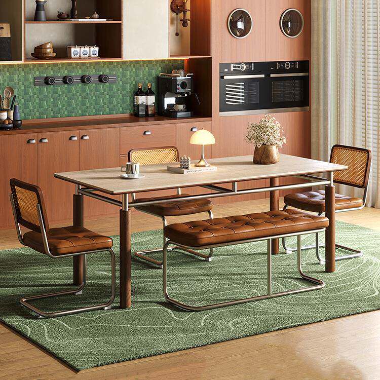 包豪斯沁春餐桌岩板实木餐桌椅洞石美式复古家用小户型法式中古风