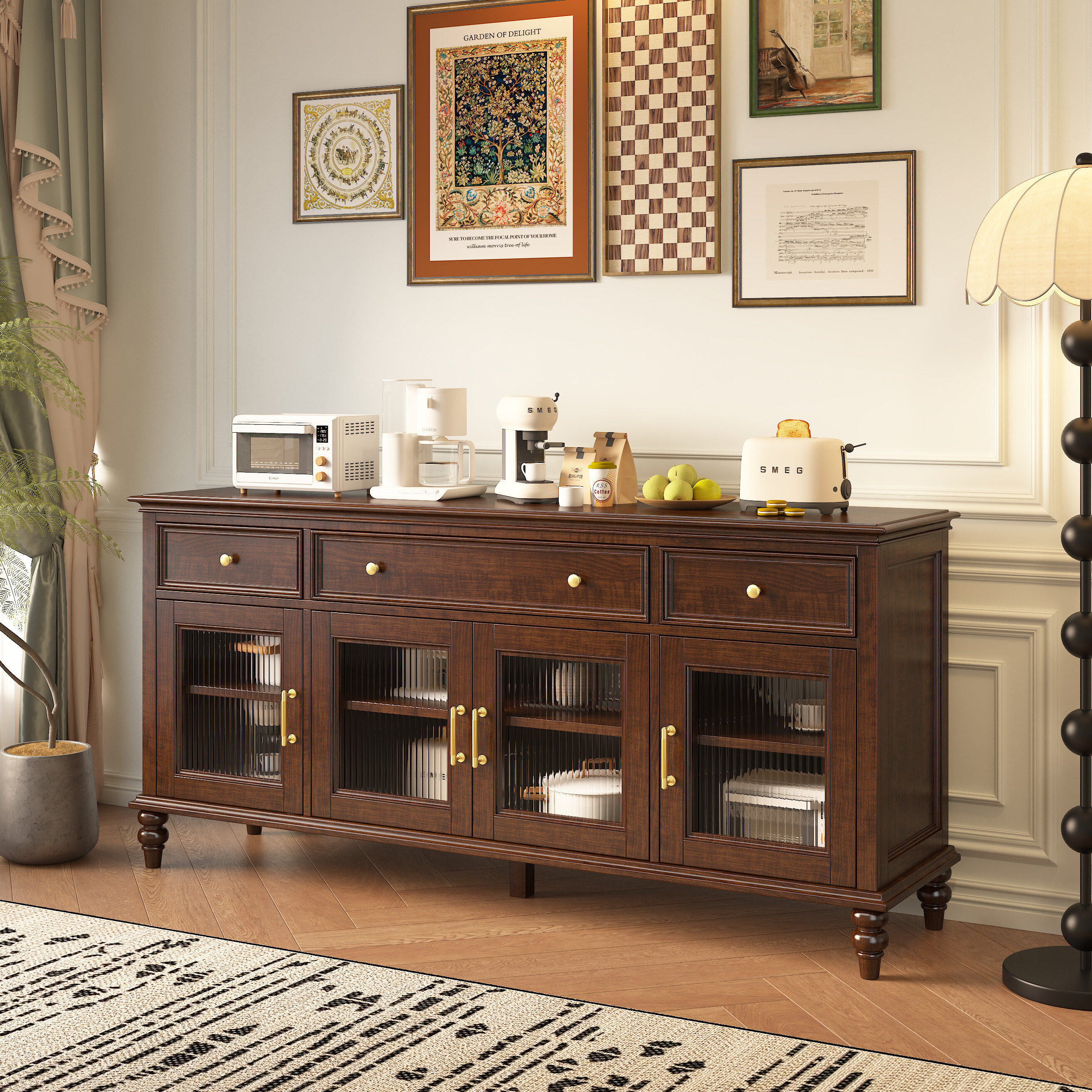 欧煦美式餐边柜纯全实木储物柜上下双层高柜复古客餐厅收纳碗柜