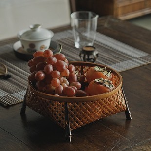 家用客厅精品果盘 手工竹编大漆水果篮子复古零食竹筐茶具收纳中式
