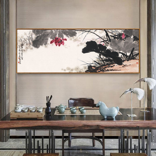 新客厅装饰画竹荷水墨国画会所沙发背景墙壁画古典茶室挂画