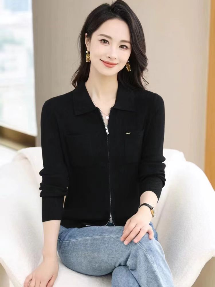 正品双鹿2025女开衫新春款细羊毛薄毛衣单穿打底针织衫洋气翻领黑
