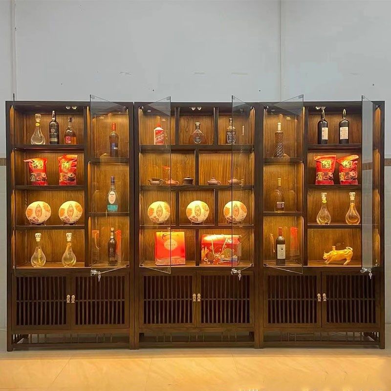 老榆木实木玻璃展示柜置物t架红酒储藏柜白酒展示架茶室茶叶陈列