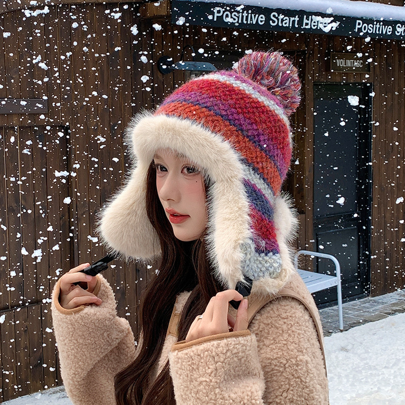 东北哈尔滨旅游毛绒雷锋帽子女冬季骑车加厚保暖护耳针织毛线帽潮
