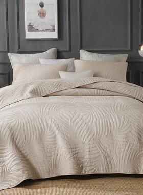 纯白色叶子双面绣花绗缝被三件套夹棉床盖双人床单床罩夏凉空调被