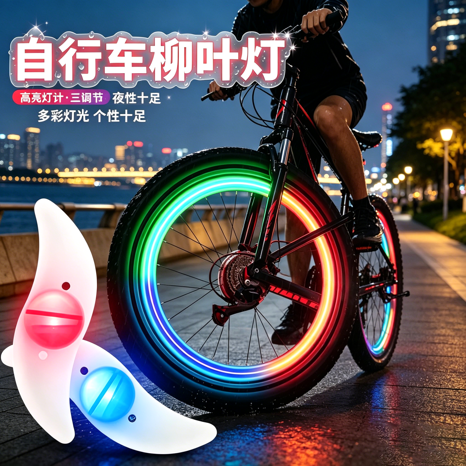 夜骑自行车灯风火轮灯山地车死飞柳叶辐条灯儿童钢丝灯装饰警示灯