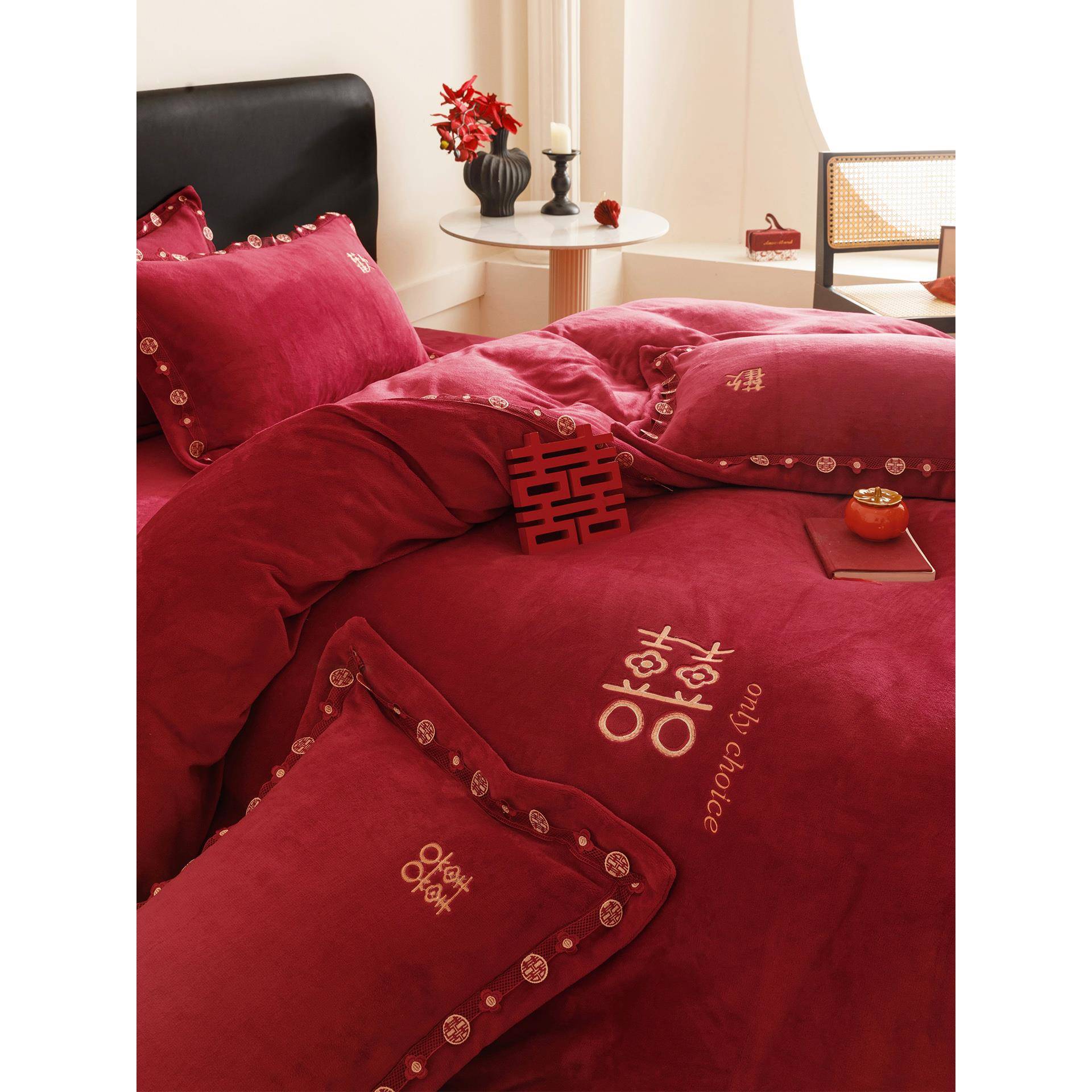 秋冬保暖牛奶绒婚庆四件套红色珊瑚绒法兰绒冬天结婚被套床单床笠