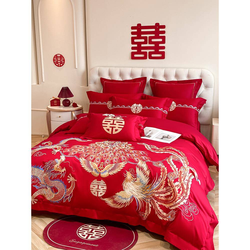高档龙凤刺绣婚庆四件套大红色新房备婚被套床单结婚床上用品1.8