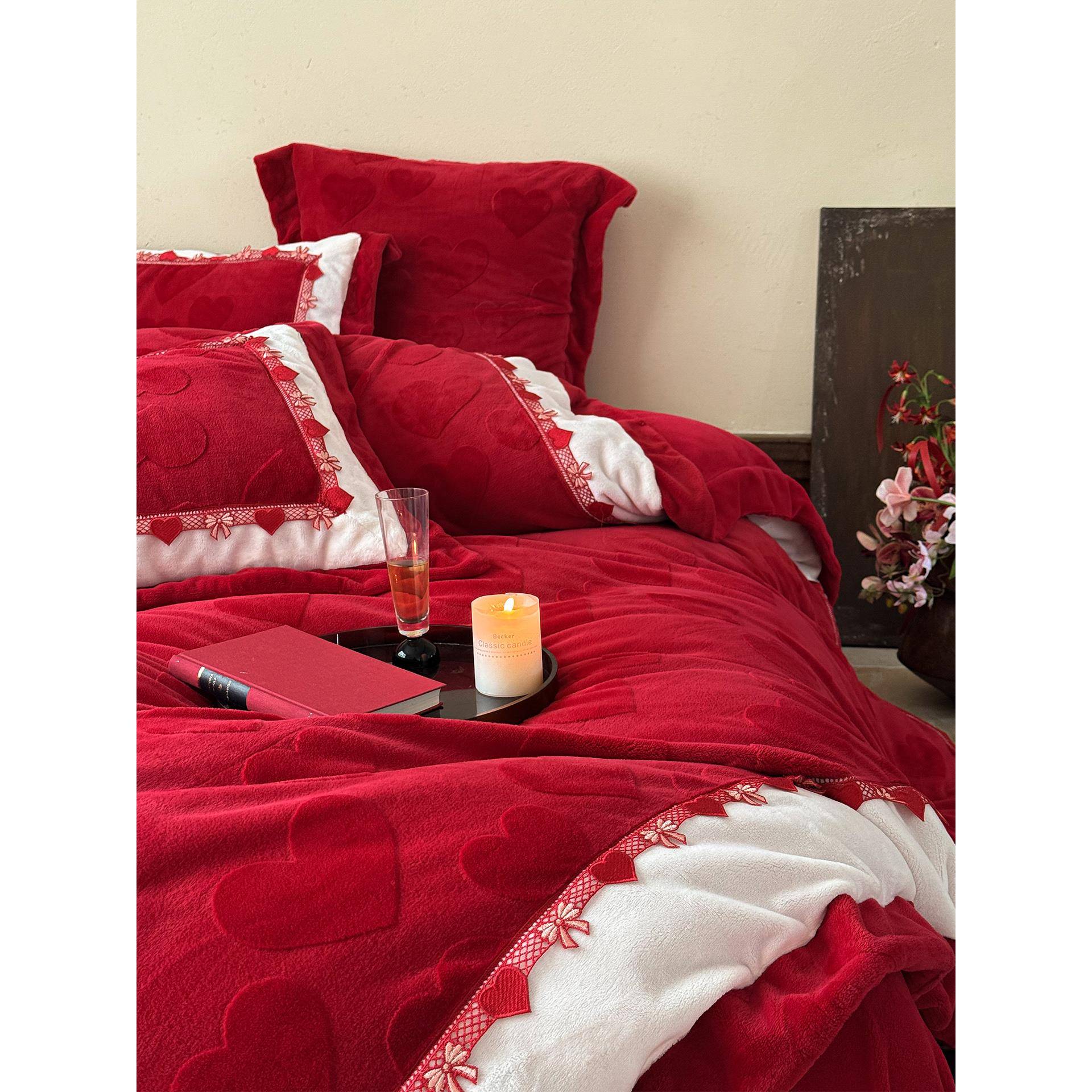 雕花爱心牛奶绒婚庆四件套加厚冬季宝宝绒红色结婚被套床单床笠