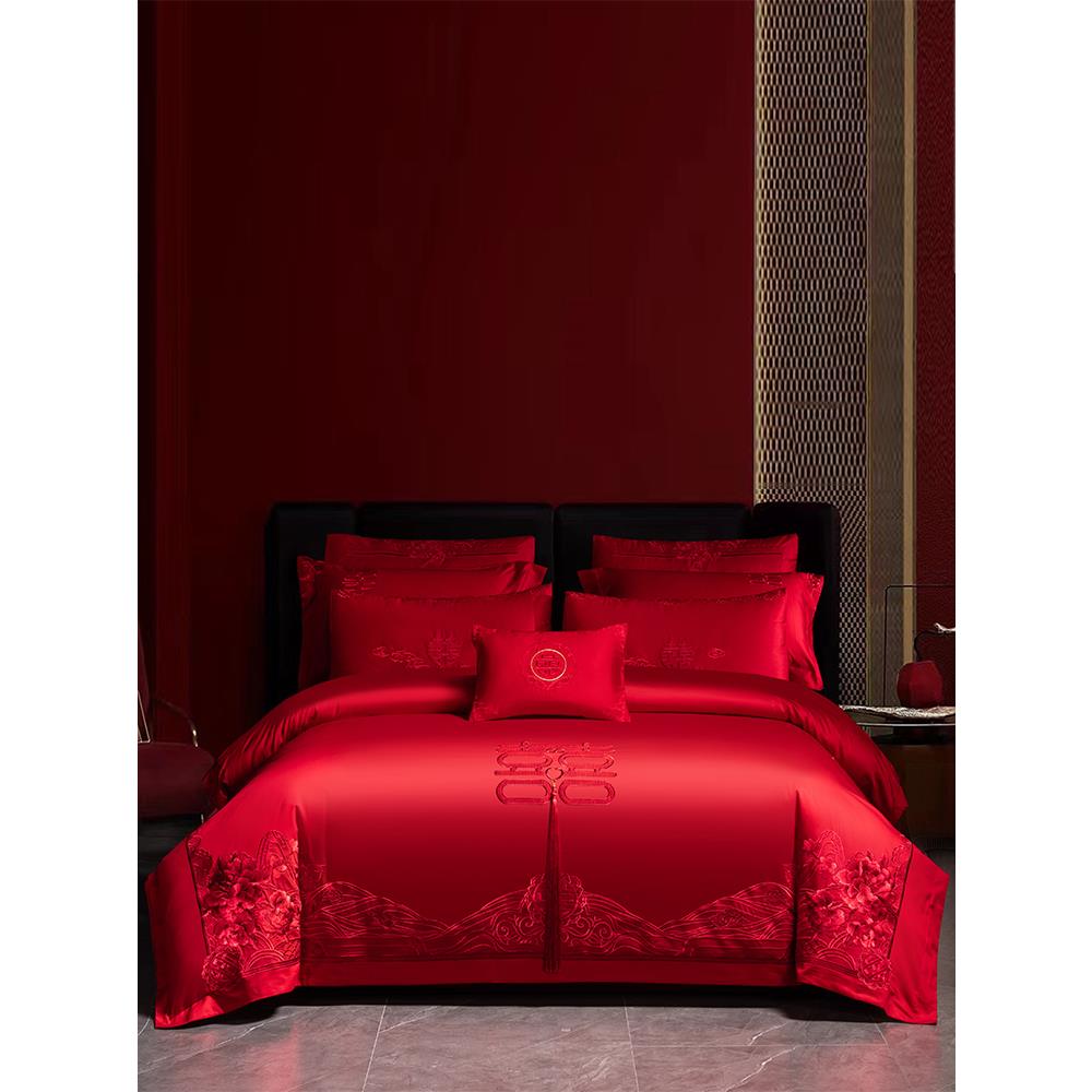 高档中式大红色婚庆四件套结婚陪嫁双喜刺绣纯棉被套床单床上用品