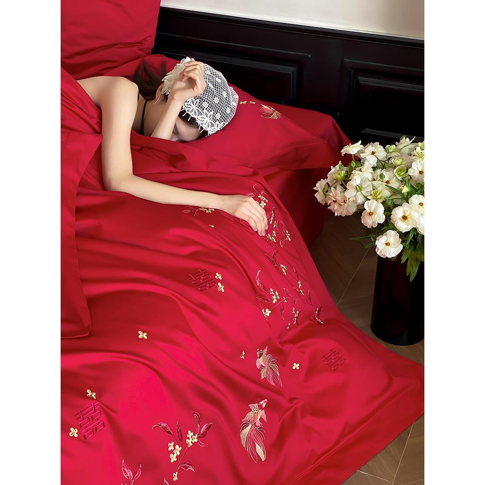 红色花卉刺绣结婚新疆长绒棉四件套婚庆纯棉被套床单床上用品陪嫁