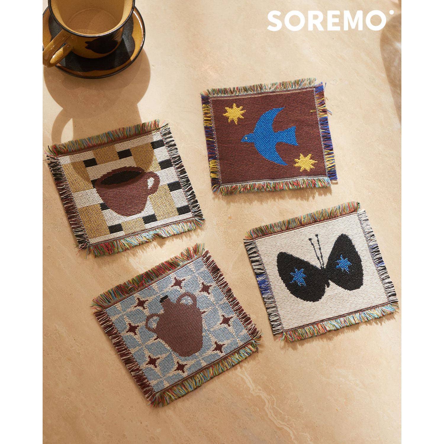 SOREMO 编织杯垫提花复古文艺创意布艺流苏茶杯装饰垫子ins风