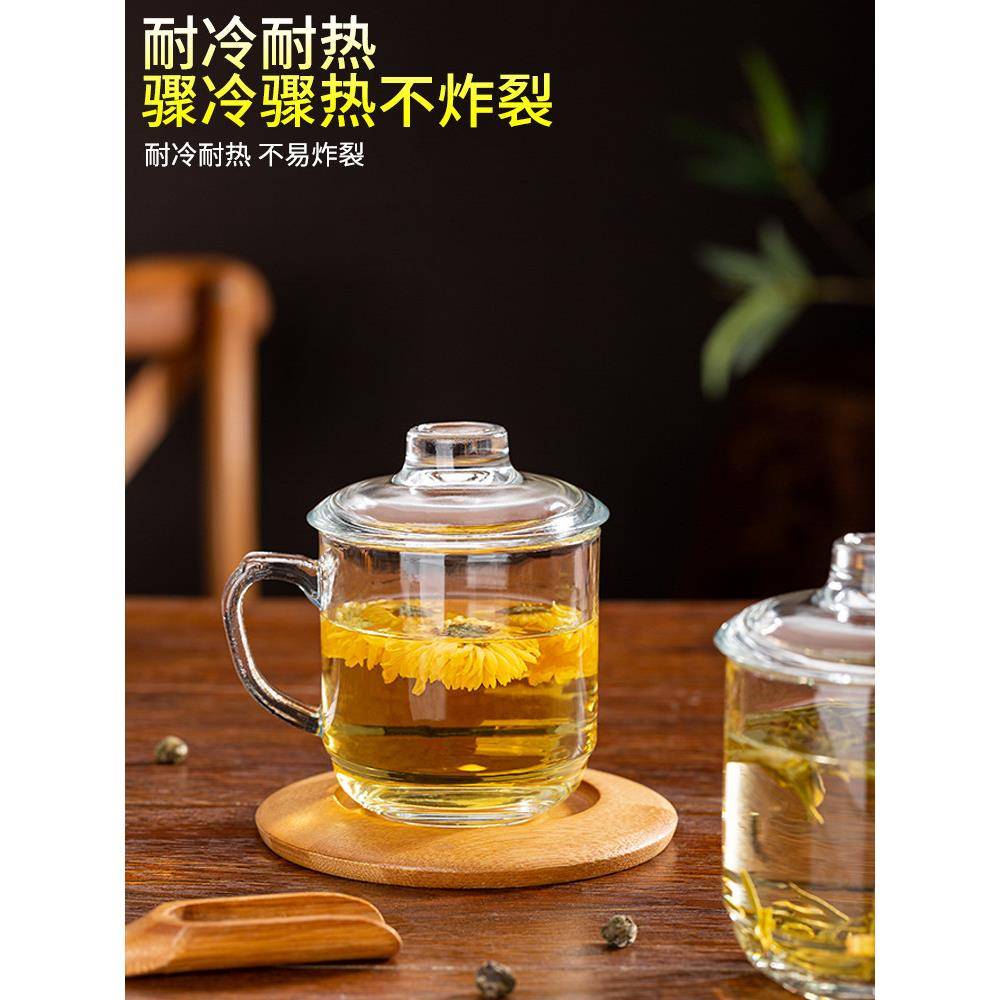玻璃杯家用喝水杯子花茶杯办公室有盖男女士水杯带把大容量泡茶杯
