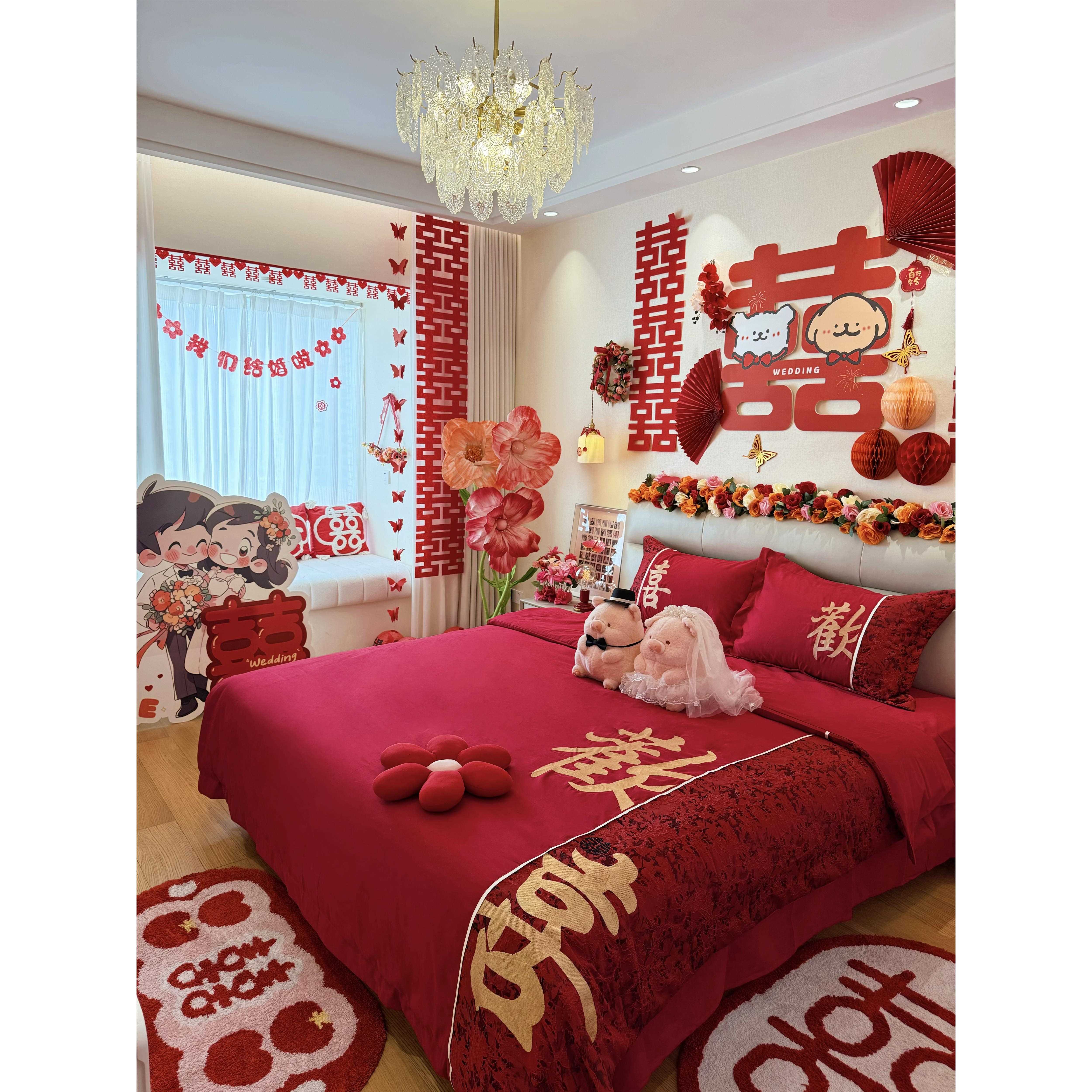 新中式红色结婚四件套新婚喜嫁床上用品喜字刺绣被套婚房陪嫁床单