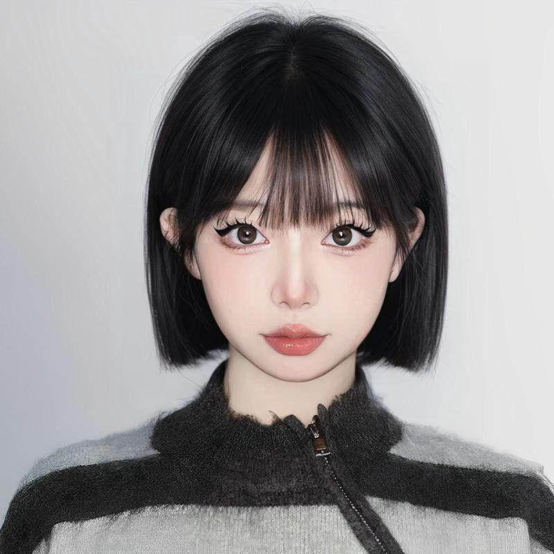 沐奇一刀切假发女短发新款减龄波波头短直发彷真人发自然全头套式