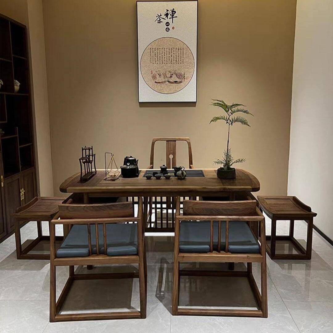 新中式实木茶桌椅组合家用客厅办公室茶台茶几黑胡桃木大板茶桌