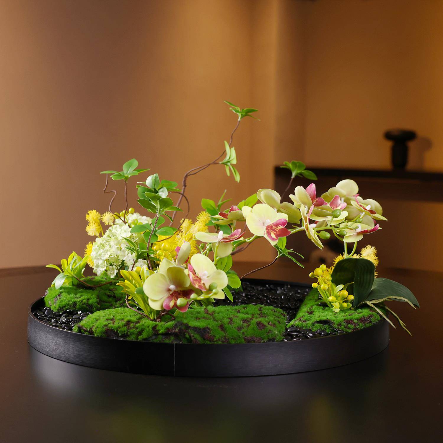 新中式酒店大圆餐桌中间摆花餐桌花餐厅桌面转盘微景观摆件装饰花