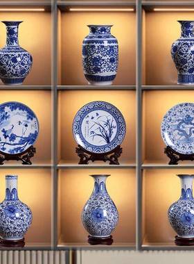 新中式茶室酒店博古架高档陶瓷器花瓶插花摆件青花瓷彷古装饰品