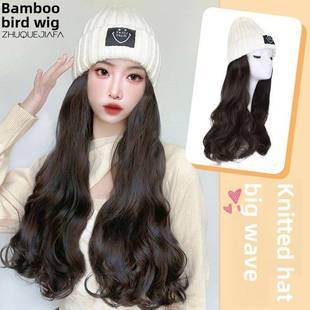 帽子假发全合一的女性长发大波浪时尚突出温暖的针织帽长卷发多才