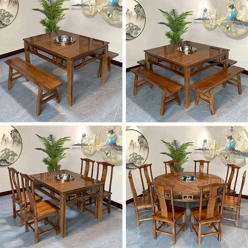实木火锅桌椅大理石仿古雕花八仙方桌火锅圆桌电磁炉煤气商用定制
