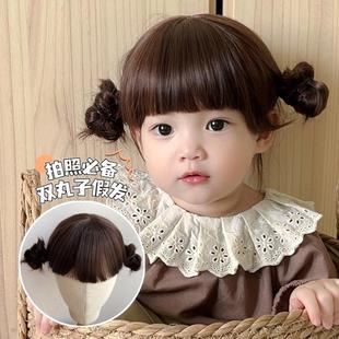 鹿丝日记儿童女孩假发可爱自然齐浏海梨花双丸子头全真人发全头套