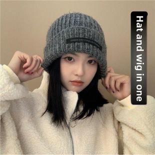 假发女性中长发假发帽子一件式时尚流行针织帽锁骨头发模拟人的头