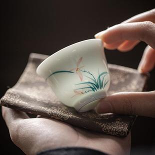 釉下彩手绘兰花品茗杯手工白瓷薄胎茶杯单个主人杯功夫茶具弥言