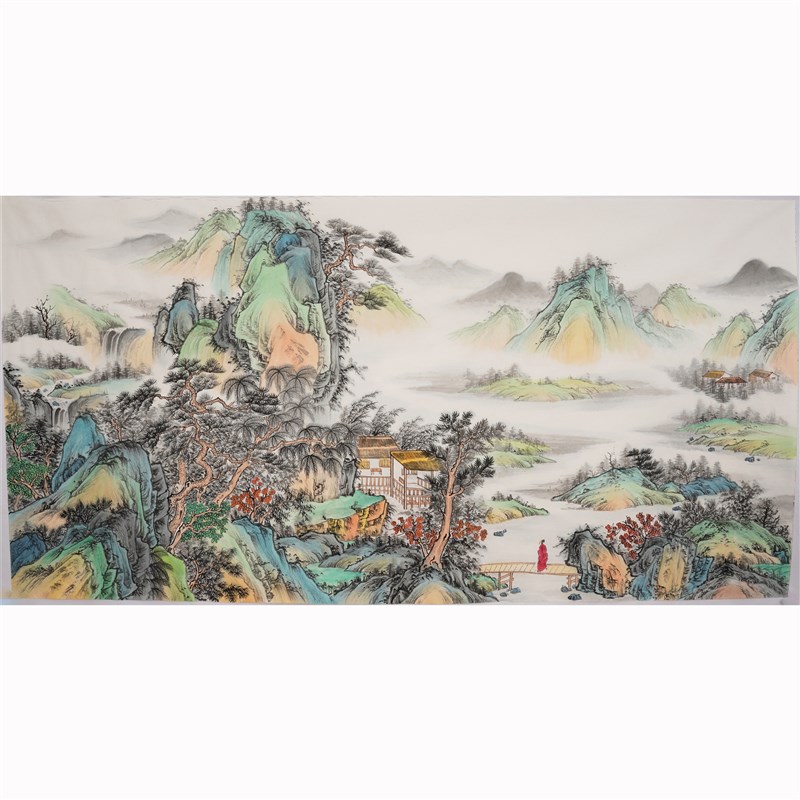 仿古青绿山水画装饰画纯手绘国画水墨画四尺字画无款S画没题字042