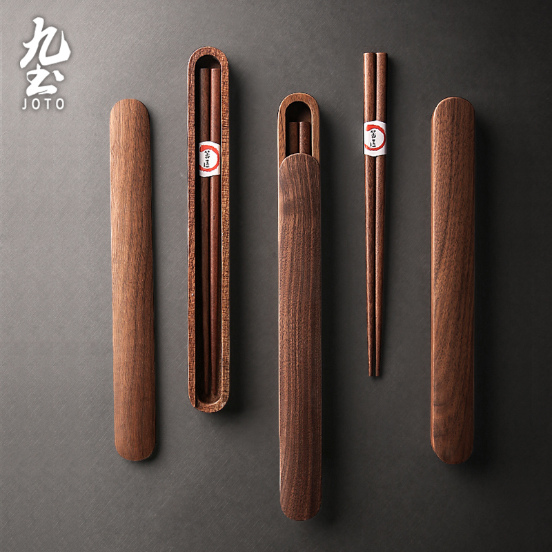 中式实木筷子学生旅行环保卫生筷胡桃木筷收纳盒随U身便携餐具套