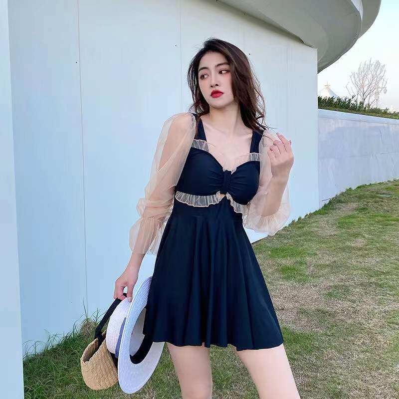 大码胖mm遮肚显瘦无钢托u黑色长袖带胸垫裙式连体仙女范保守泳衣