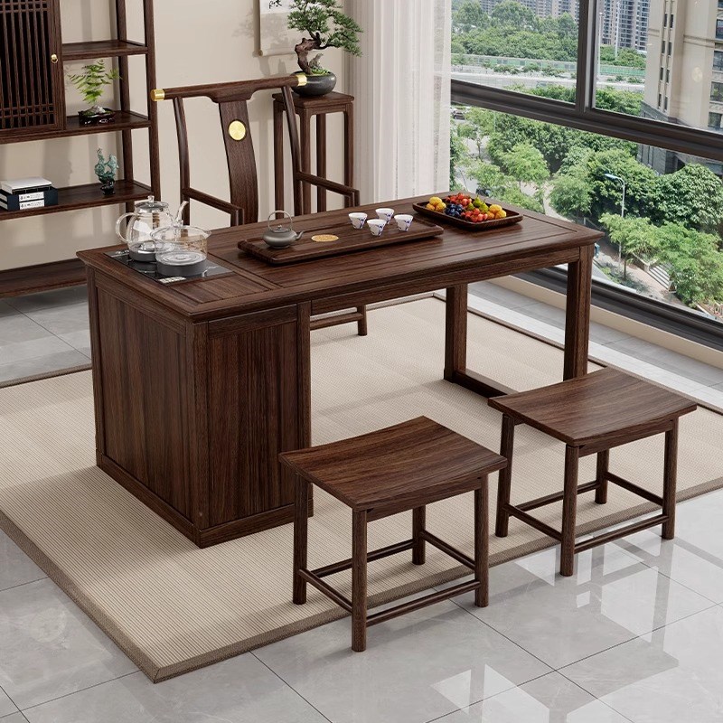 新中式乌金木实木茶桌椅小户型家用客厅L办公室烧水壶一体泡茶桌