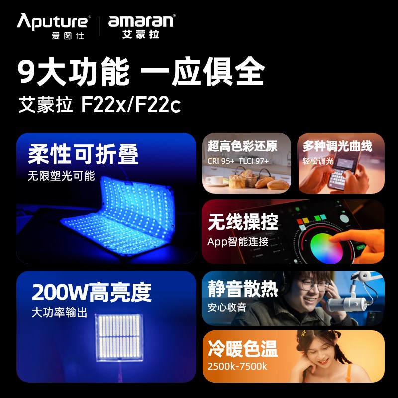 爱图仕艾蒙拉F22x柔光k灯200W直播摄影补光灯便携式户外人像灯 可