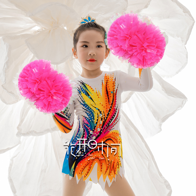 新款花球啦啦队比赛服儿童竞技健美艺术体操服装女.团体演出服