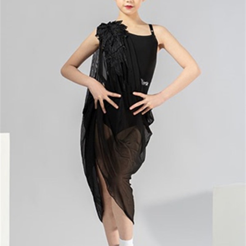拉丁舞服女童夏季k网纱翅膀连衣裙儿童拉丁练功表演服女新款比赛