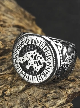欧美饰品男士钛钢戒指复古维京狼头符文嘻哈风不锈钢个性指环