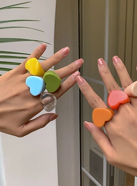 欧美饰品 复古心形糖果色宽边指环 简约素圈彩色爱心戒指