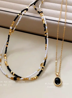 方块珍珠水晶串珠项链法式高级感几何锁骨链复古设计感项饰女