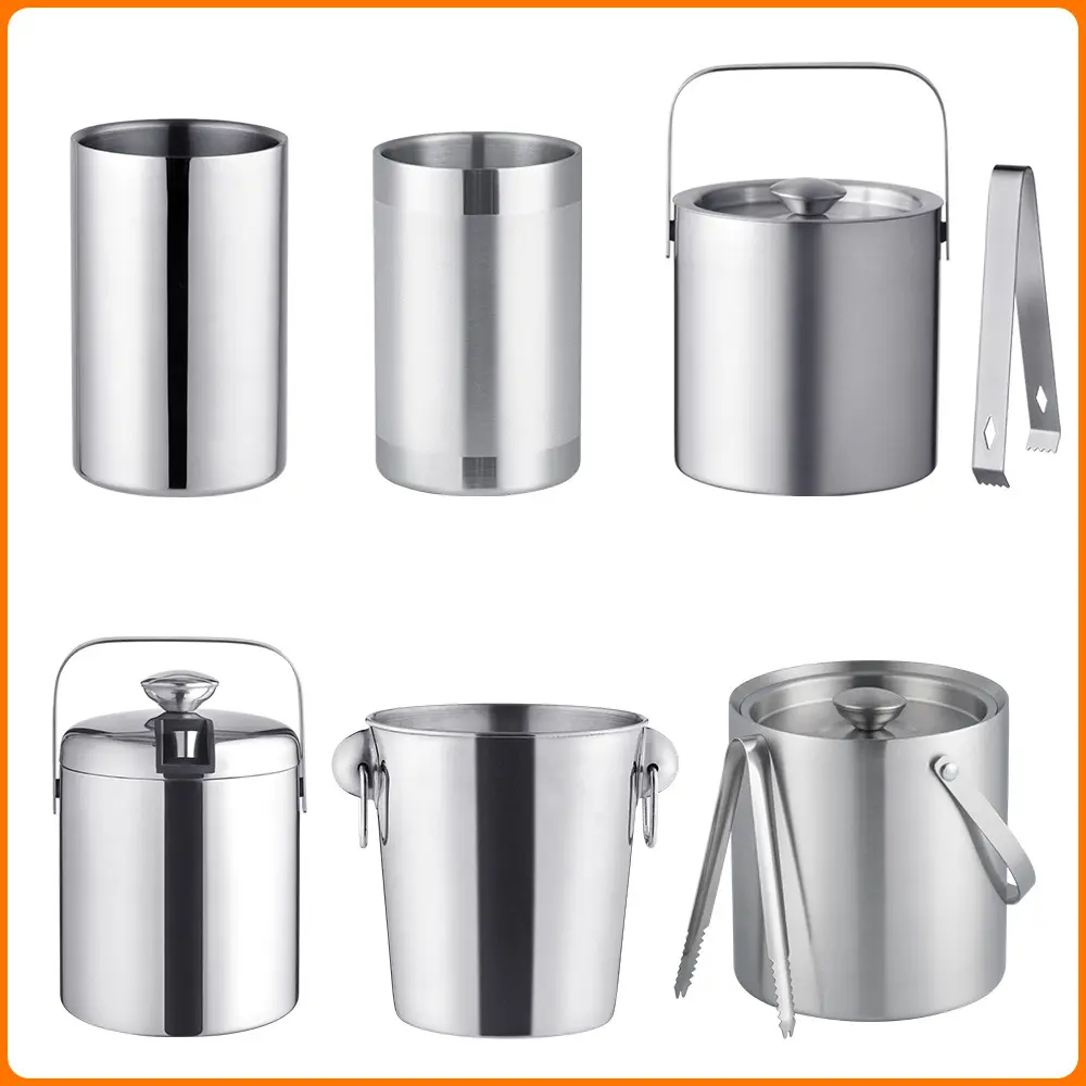 不锈钢双层冰桶保温金属冰酒桶磨砂鸡尾酒桶带盖冰夹提手