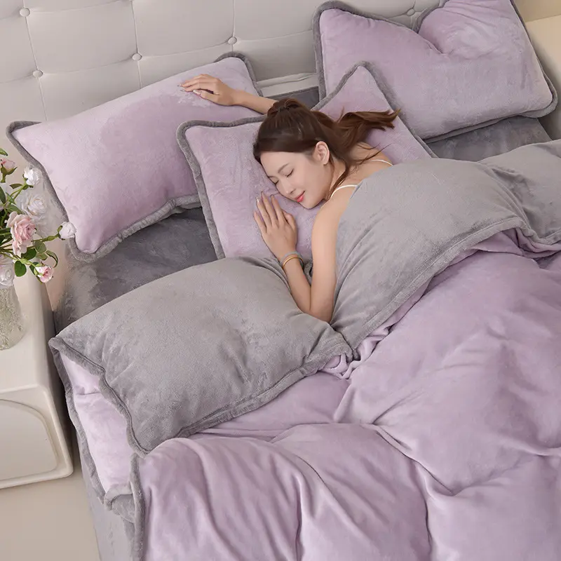 双面牛奶绒四件套轻奢家用保暖被套珊瑚绒双拼学生宿舍床单三件套