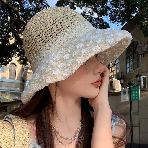 法式蕾丝珍珠系带镂空草帽子女春夏季遮阳碎花大帽檐太阳帽防晒帽