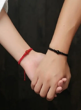 水晶 天然红玛瑙情侣手链女手工编织手绳流行首饰黑曜石手链