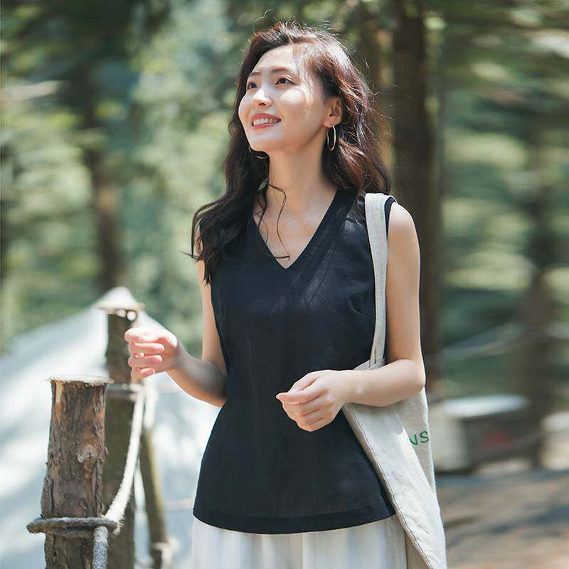 简约减龄v领无袖亚麻背心夏季女背心吊带