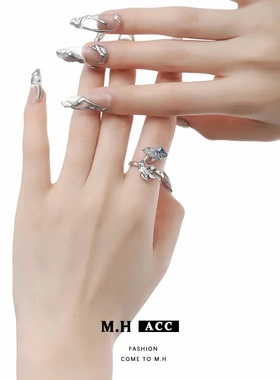 ins渐变蓝金鱼戒指女小众高级感食指戒冷淡风时尚轻奢开口指环潮