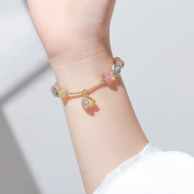 新款彩发金贝壳手链女缤纷绚烂天然彩发晶手链女转运糖果扇贝