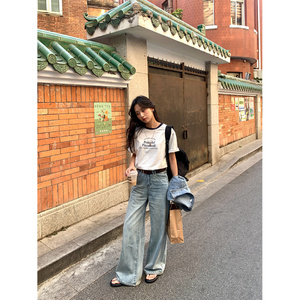 美式撞色领印花T恤女2025春韩系正肩休闲短袖上衣