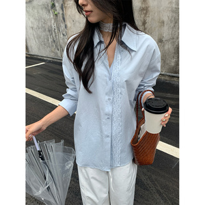 翻领蕾丝系带宽松长袖衬衫女2025春夏优雅别致时尚上衣510100