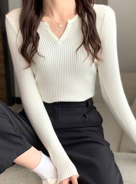 V领显瘦长袖针织衫早秋新款女装紧身内搭毛衣秋天打底衫修身上衣