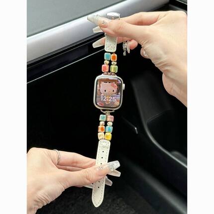 适用OPPOWatchSport/S表带创意陶瓷串珠真皮3/4pro个性女款x2mini
